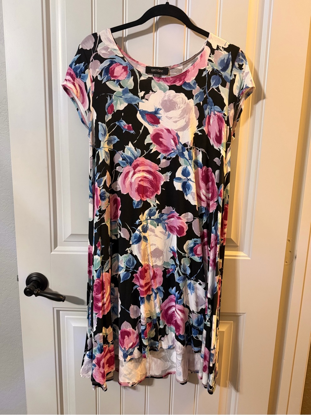 Karen Kane Black Floral Swing Dress with Pink & Blue Blooms